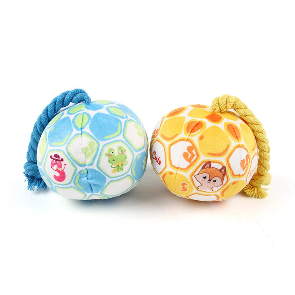 Blue and yellow cartoon football dog chew toy made from cotton rope