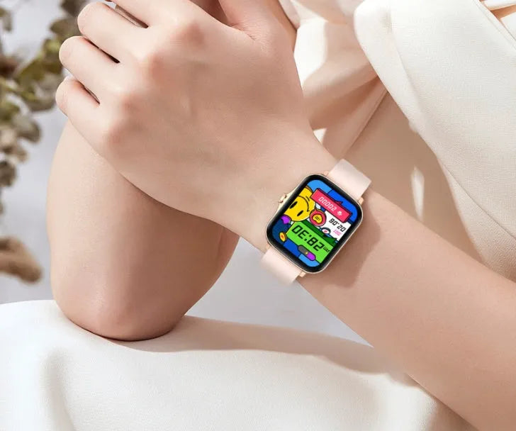 Blue smart watch with 1.7-inch touch screen showing fitness data on wrist