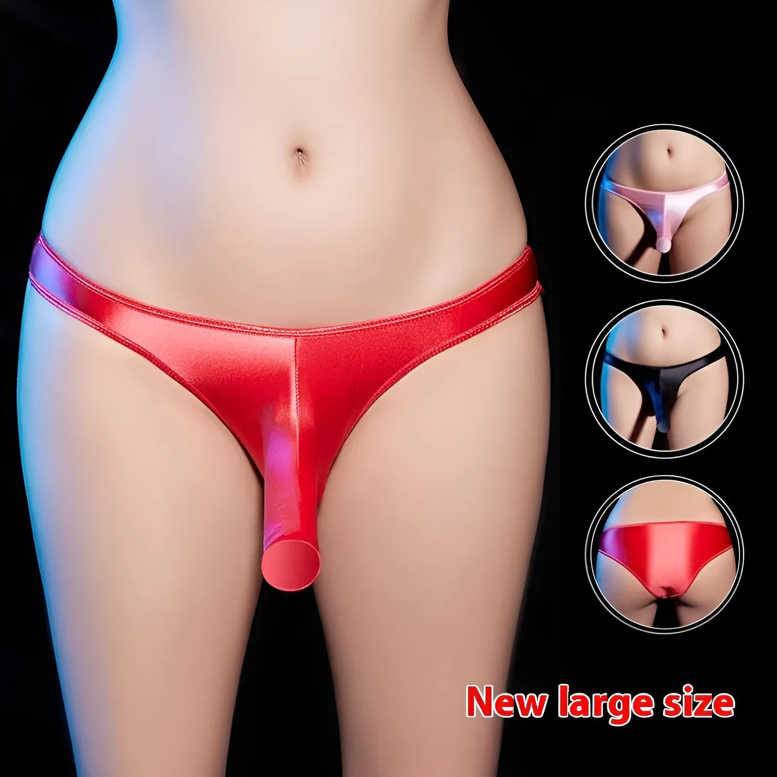 Men's shiny nylon T-back underwear with low waist design showing colour options