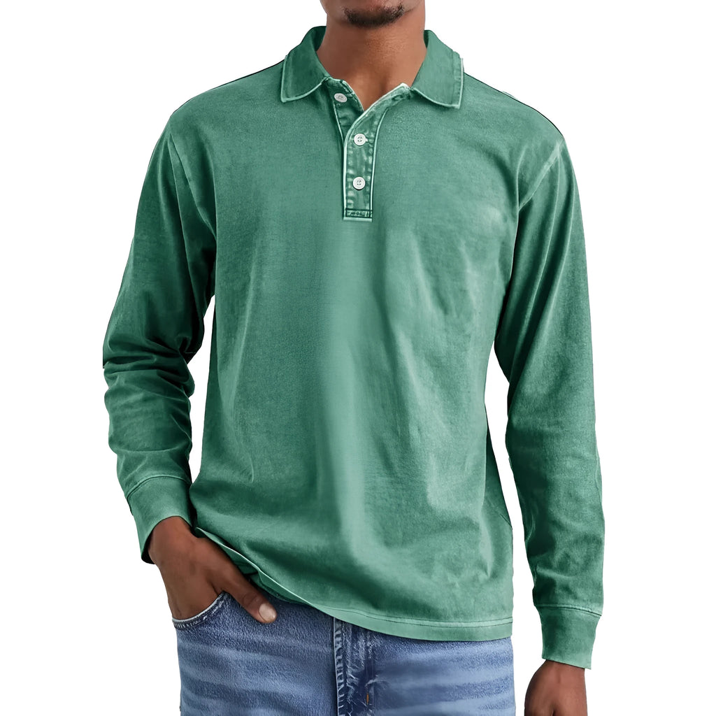 Retro washed distressed long sleeve polo shirt with lapel collar in Army Green