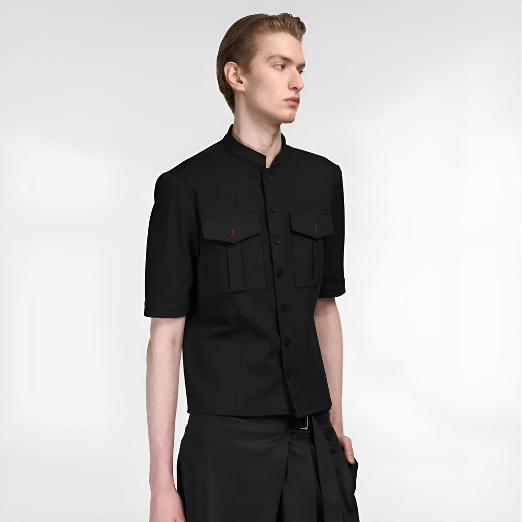 Black handmade red eye hunting half sleeve shirt with shirt collar and loose fit design