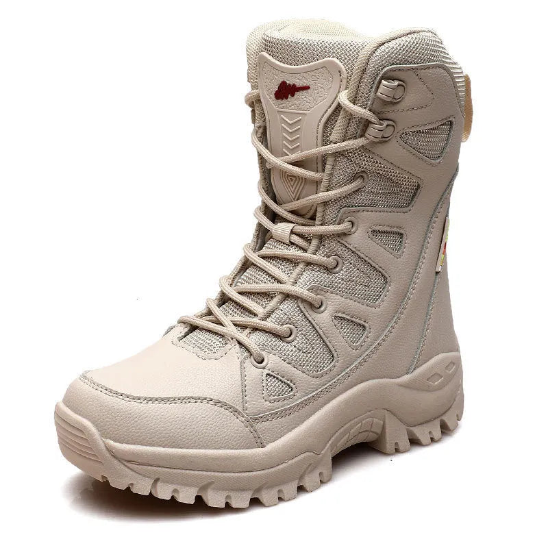 Cowhide leather hi-top hiking shoes with platform sole in beige colour