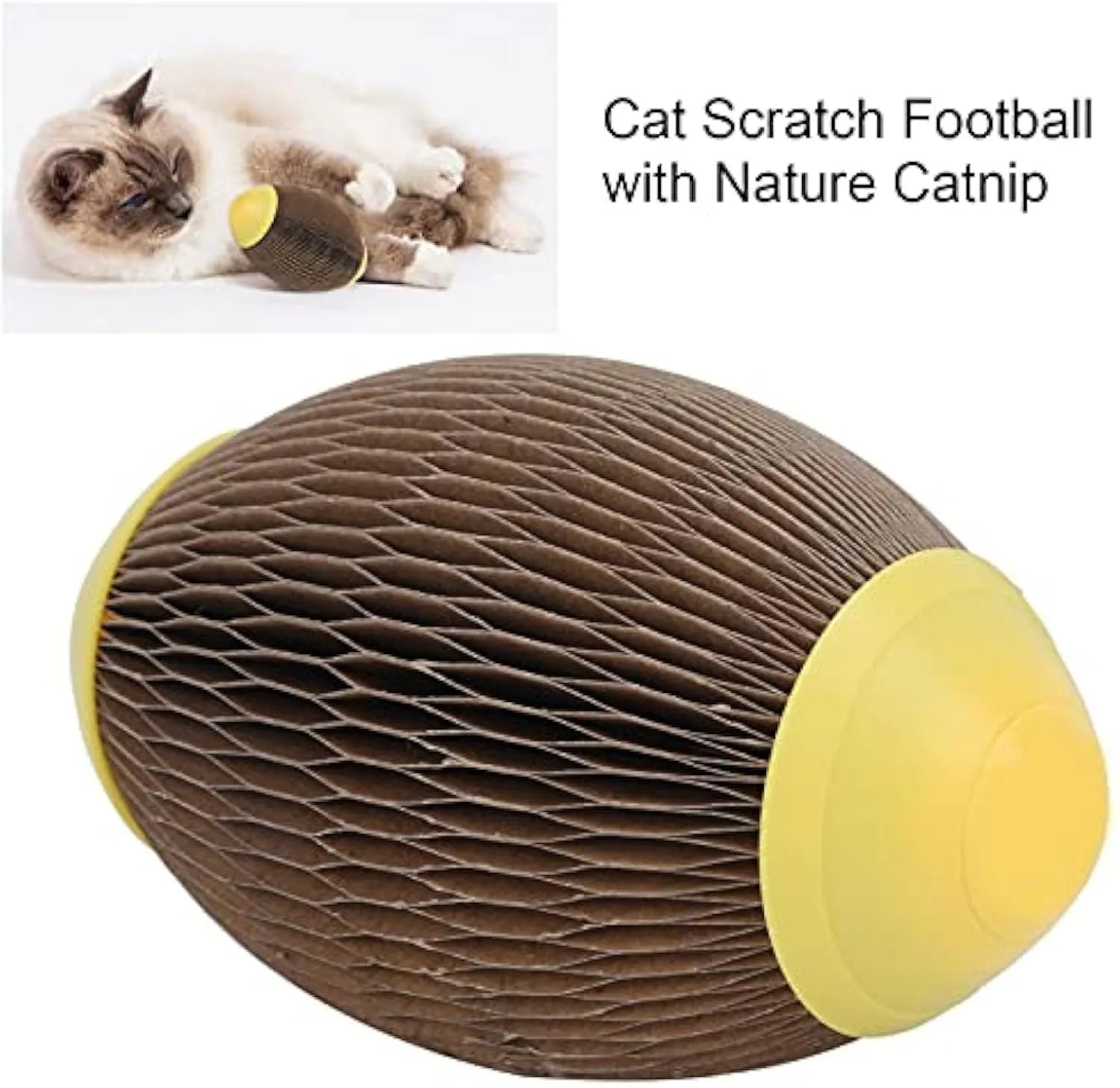 Elliptical catnip scratch football toy made from recycled corrugated paper.
