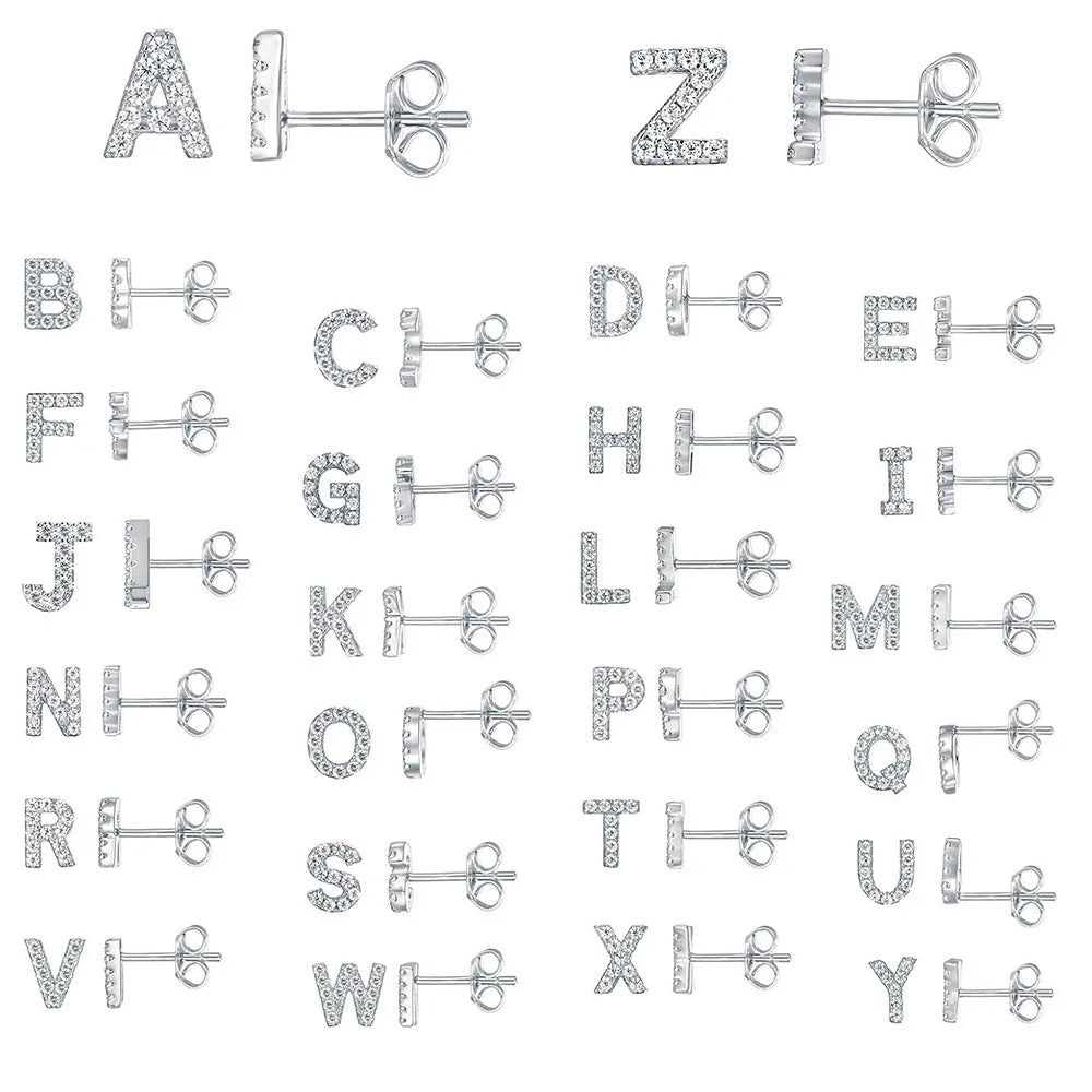 Gold plated alphabet letter earrings showing a single 'A' initial with clear zircon stone on a copper base.