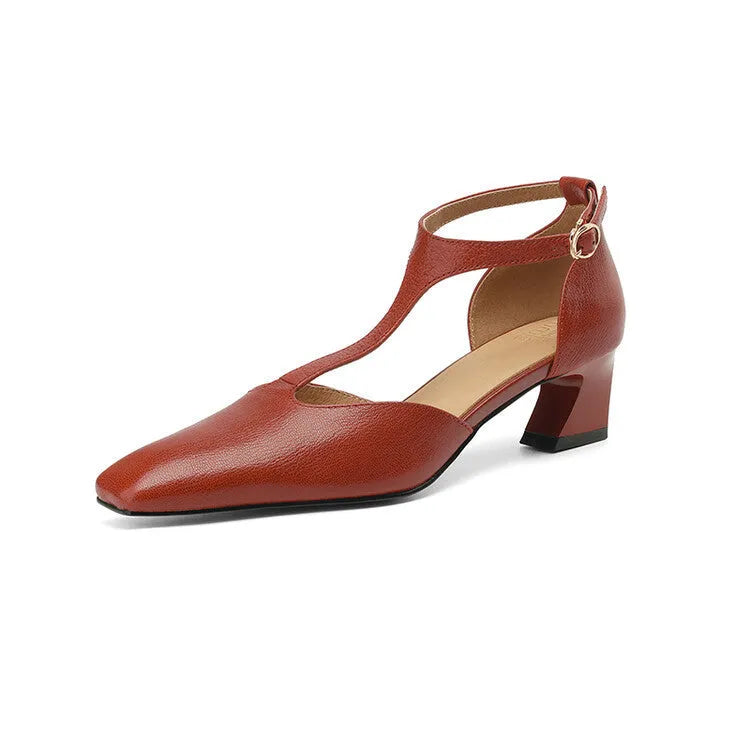 French retro square toe chunky heel shoes in sheepskin leather with buckle fastening