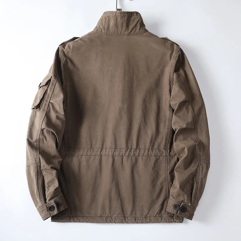 Men's loose-fit casual zip-up jacket in cotton twill, shown in light brown.