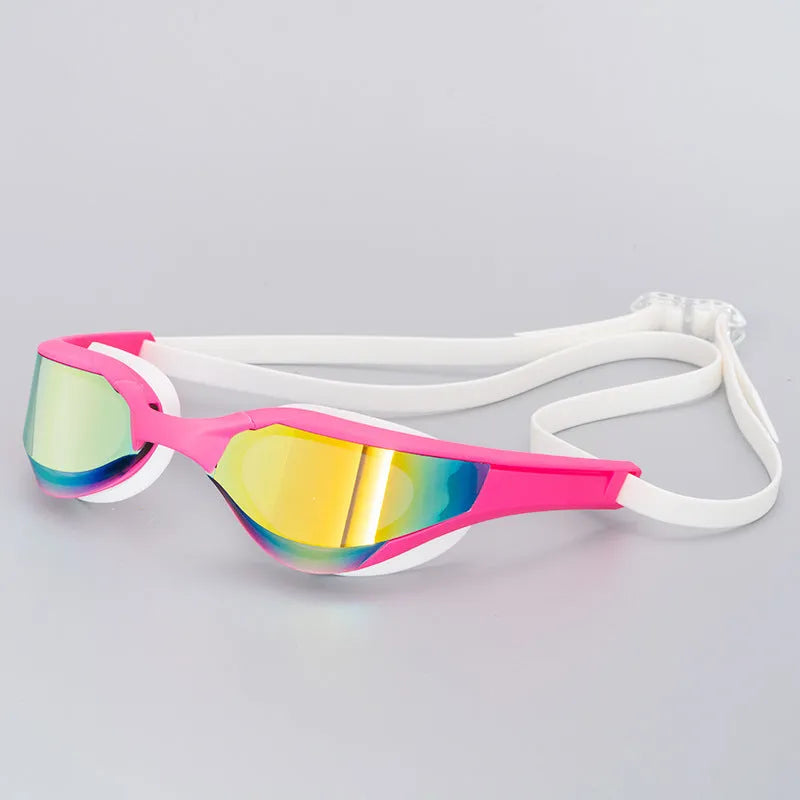 Swimming goggles with anti-fog lenses and silicone seal in choice of colours including gold plated finishes