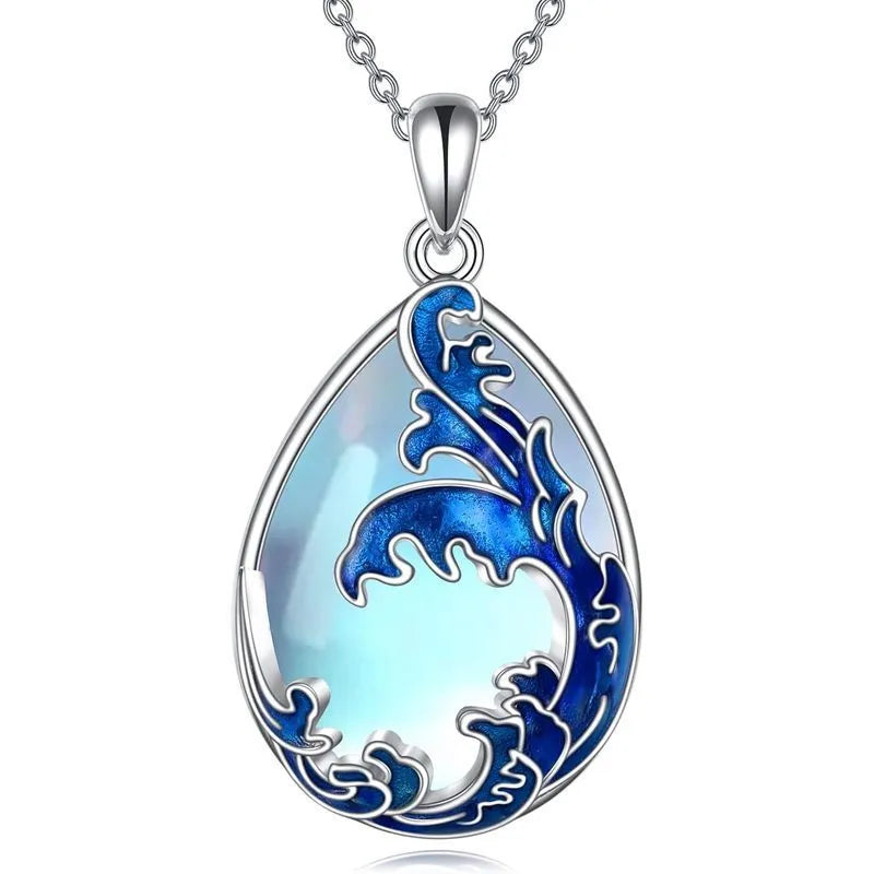 Moonstone blue heart pendant necklace with adjustable chain on display