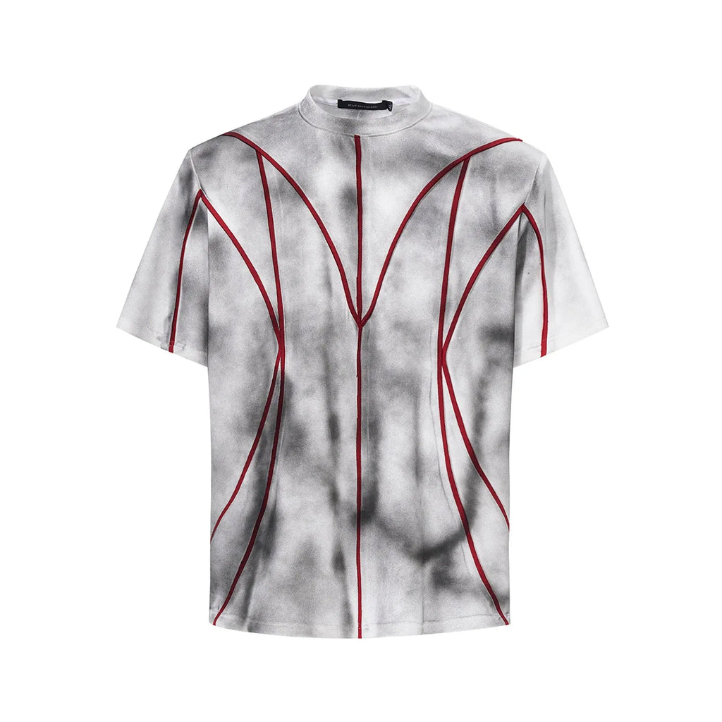 Women's padded shoulder t-shirt with textured patchwork design on short sleeves and round neck