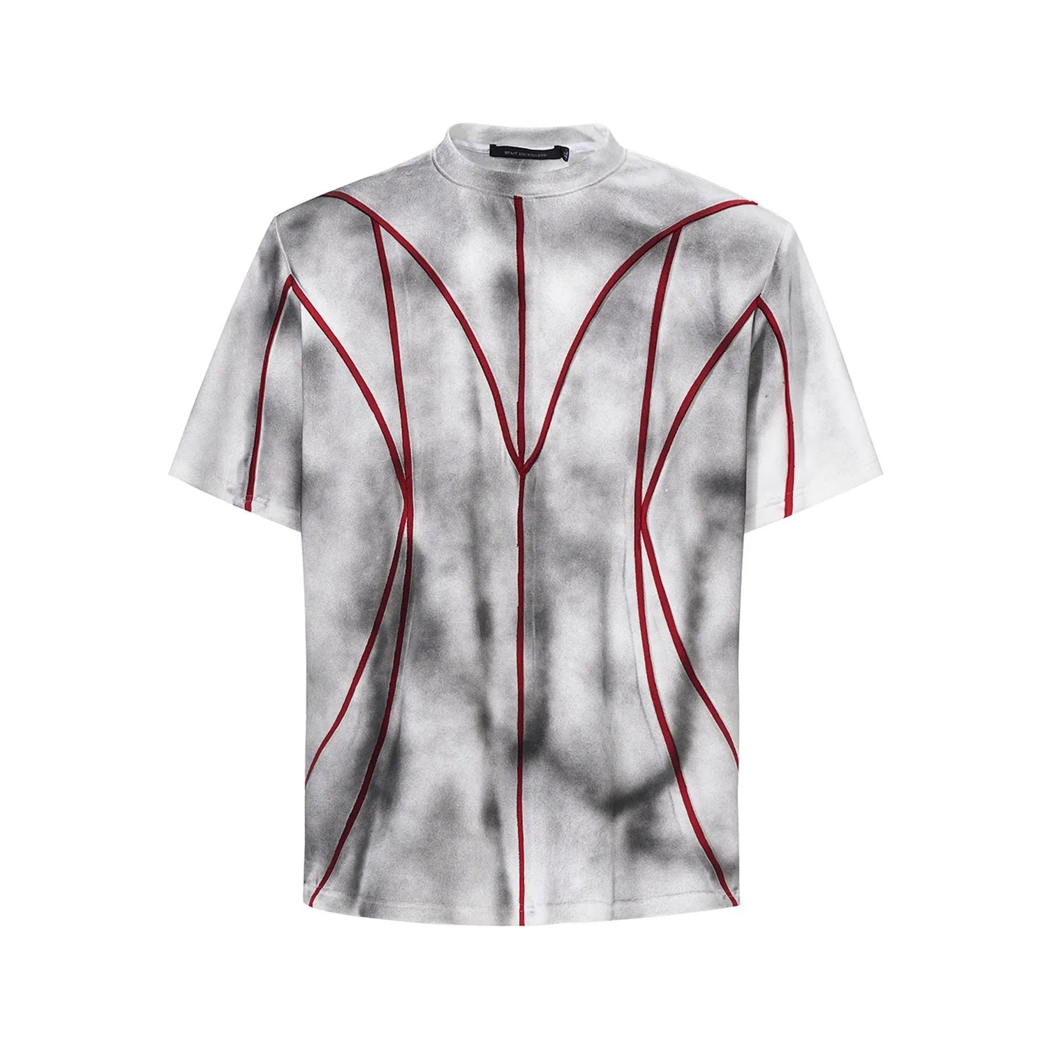 Women's padded shoulder t-shirt with textured patchwork design on short sleeves and round neck