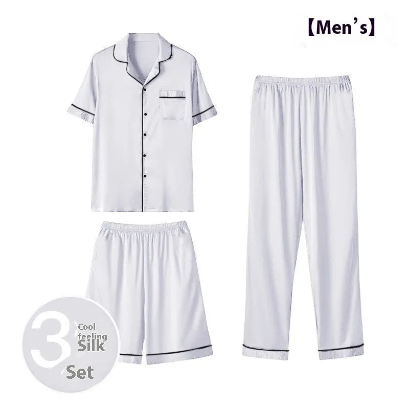 Men's ice silk three-piece loungewear set in multiple colours showing top, trousers, and shorts.