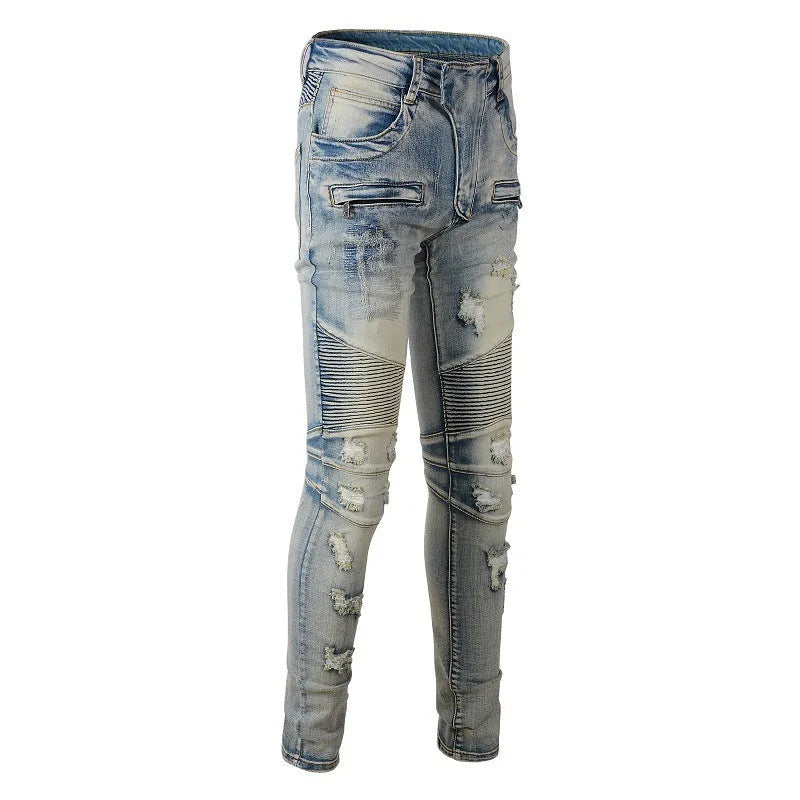 Light blue men's slim stretch jeans with hand-frayed distressing on the knees and hem.