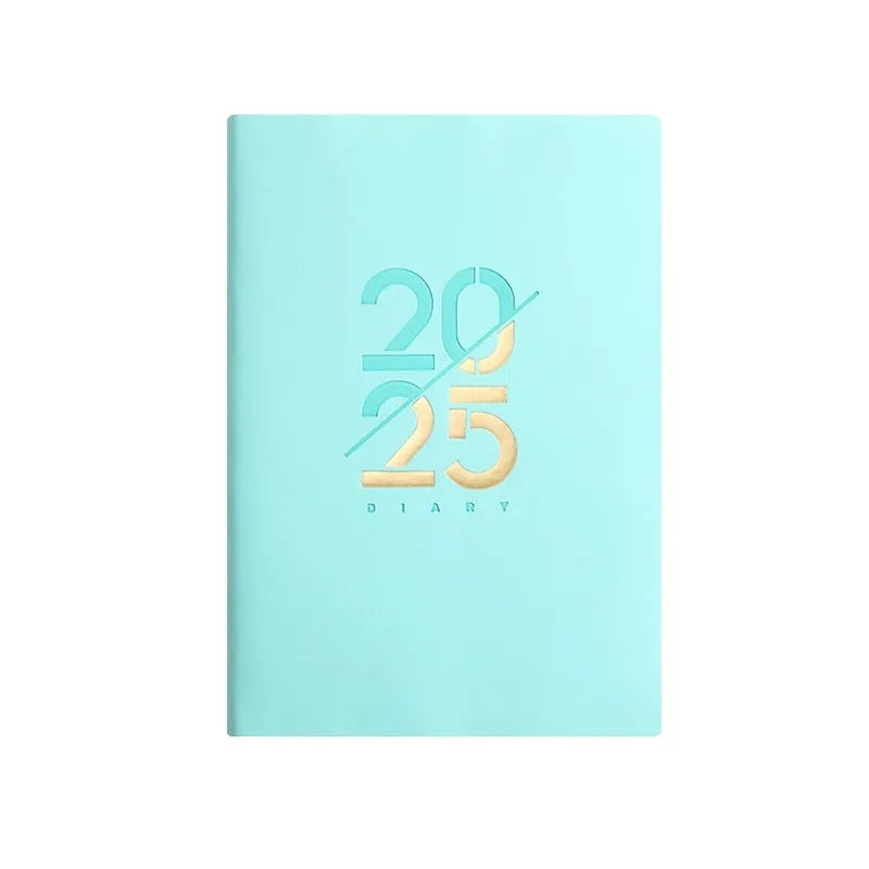A5 daily planner with soft faux leather cover showing thread binding and open pages