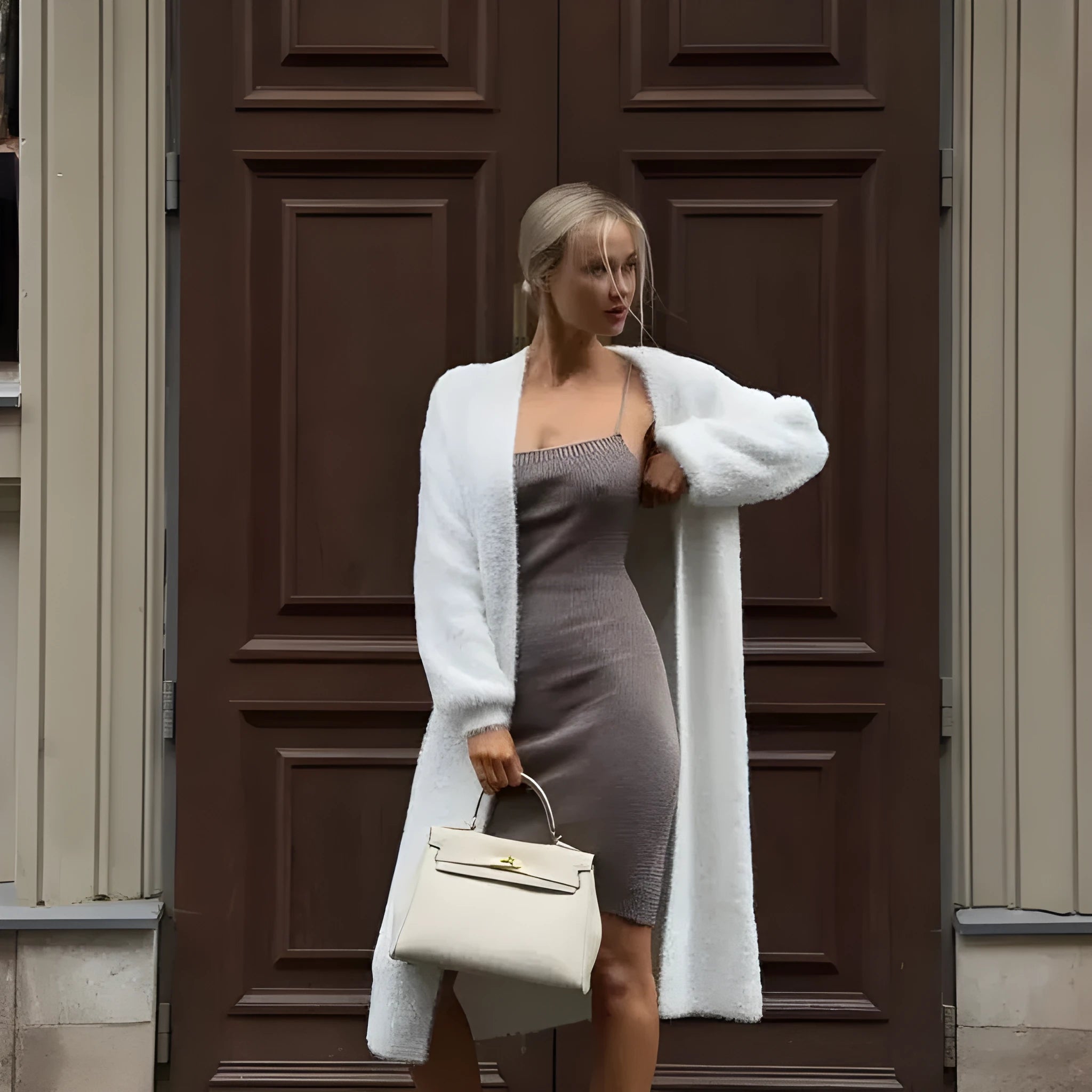 White long knit cardigan jacket with loose fit and 105cm length