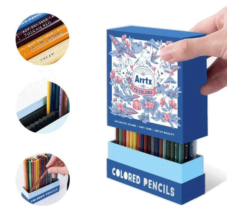 Boxed set of 72 coloured pencils for art students with basswood barrels