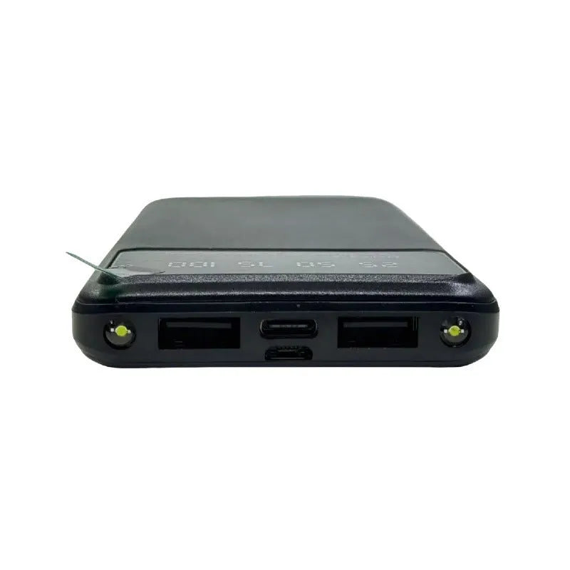 Black ultra-thin 10000 mAh power bank showing compact 67x14x140mm dimensions