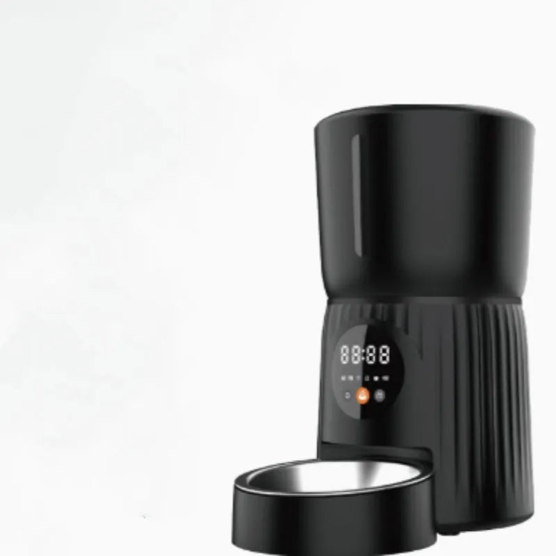 Black automatic pet feeder with digital display and food compartment