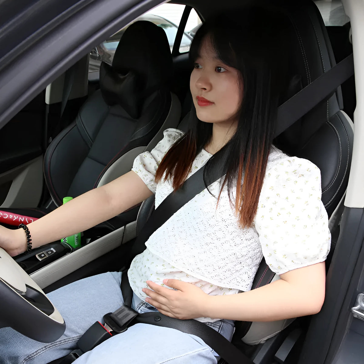 Beige maternity car seat belt adjuster with press snap buckle for pregnant women