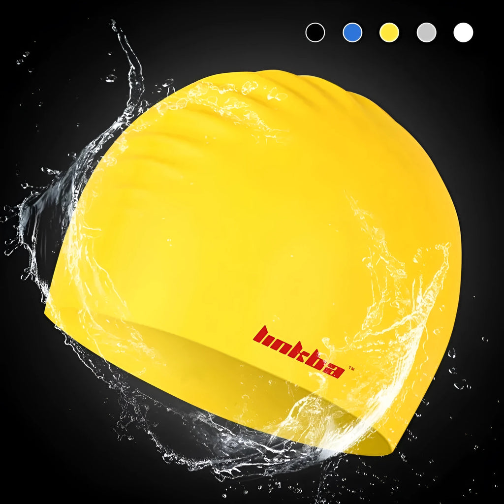 Adult silicone swimming cap with letter pattern in black, shown alongside blue, grey, white, and yellow colour options.