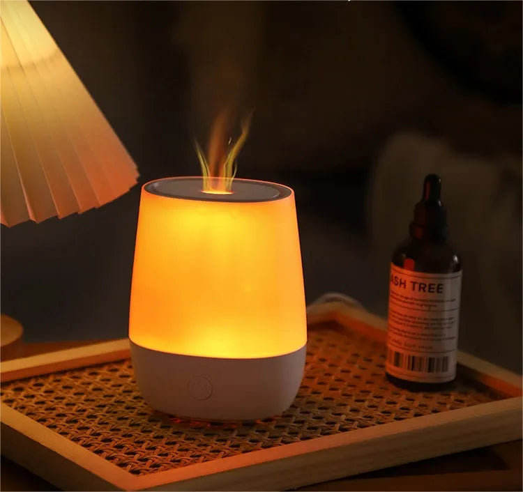 White USB aroma diffuser with simulated flame effect showing 138mm length