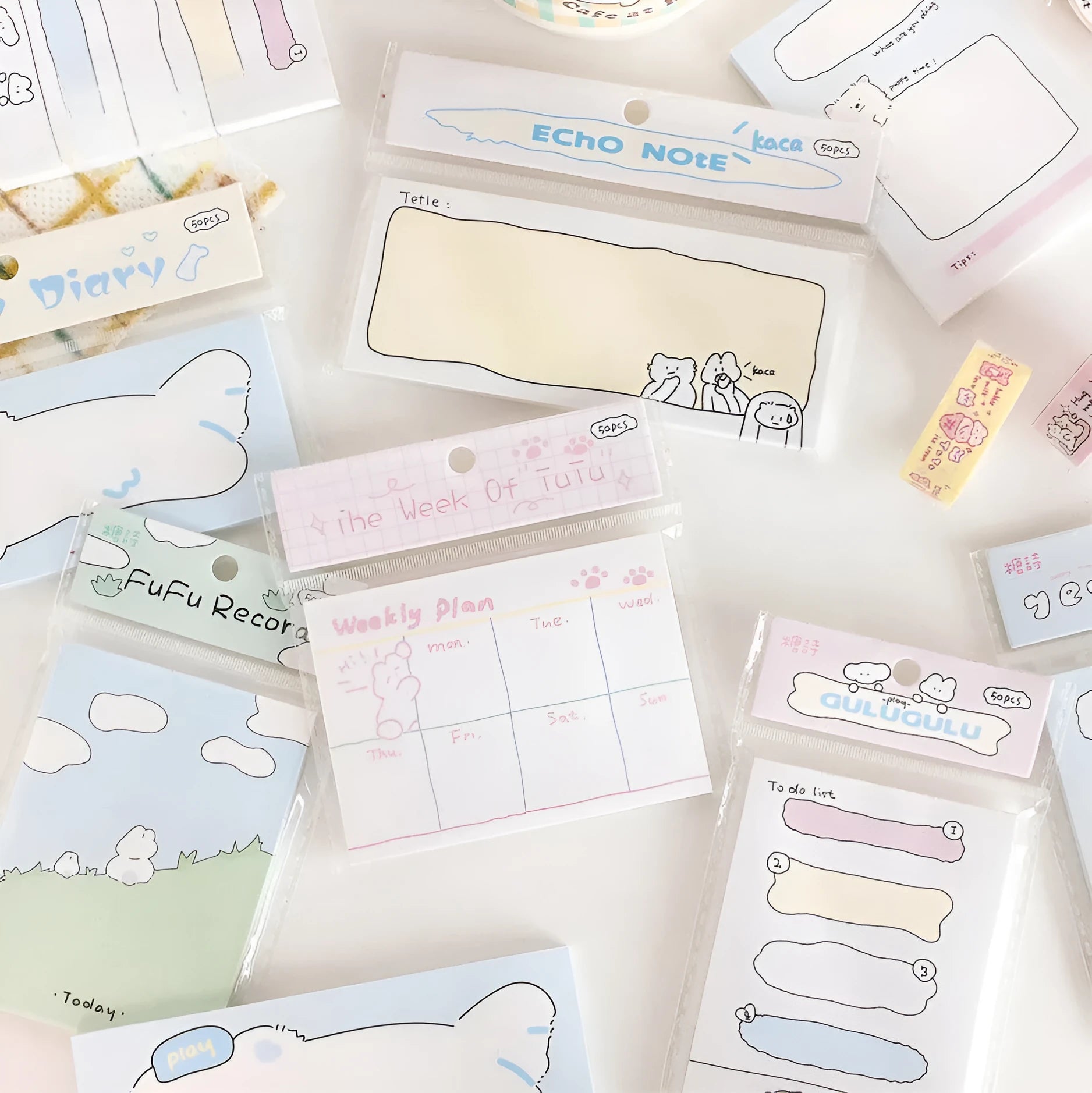 Cartoon hand account collage sticky note notepad showing multiple size options and design variations