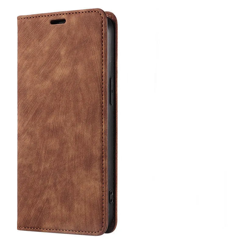 Magnetic flip phone case in genuine leather and TPU for iPhone, showing front cover closed with magnetic closure