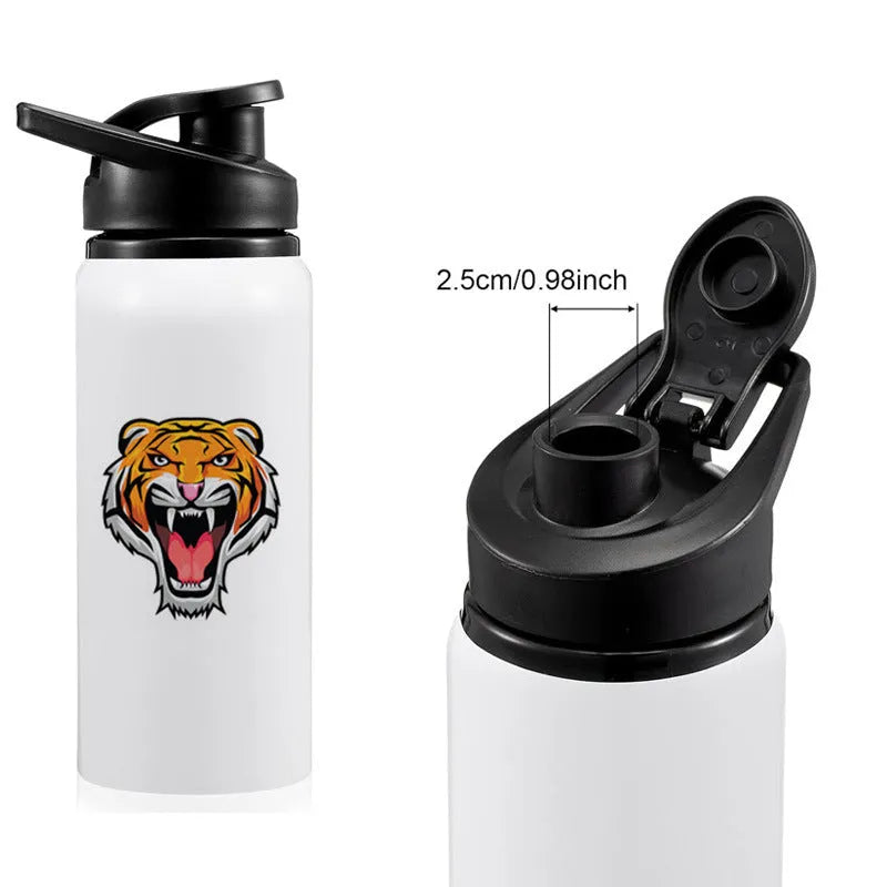 White aluminium sports water bottle for cycling, shown in 600ml and 750ml size options.