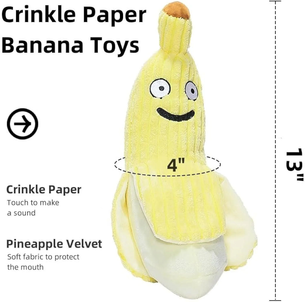Yellow banana cat crinkle toy with plush fabric and velvet texture strip