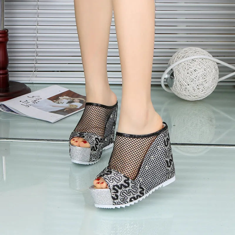 Korean platform sandals with hollowed-out heel design in black, mesh upper material