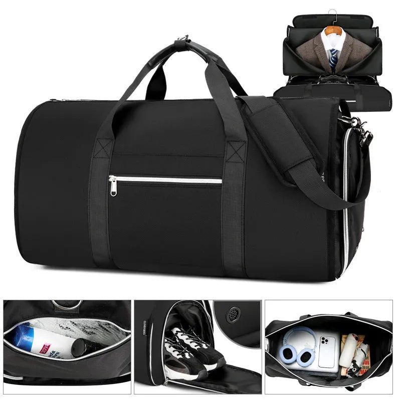 Oxford cloth sports bag in grey, black, or dark blue with dry wet separation compartments.