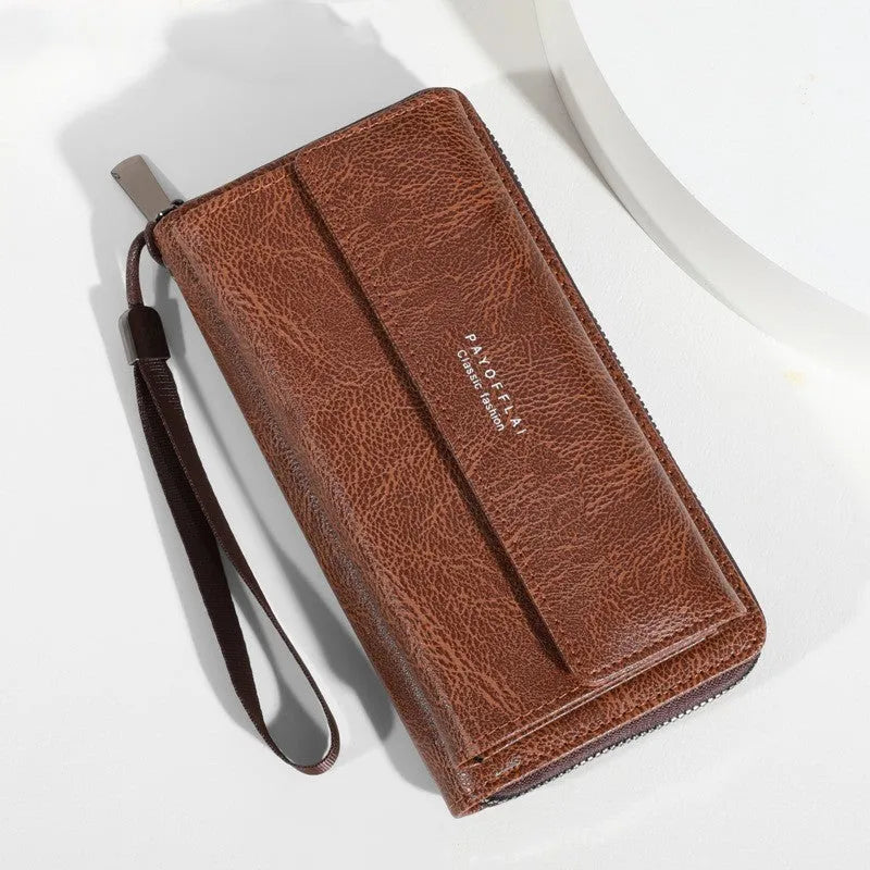 Men's black PU leather long wallet with multiple card slots, shown open and closed.
