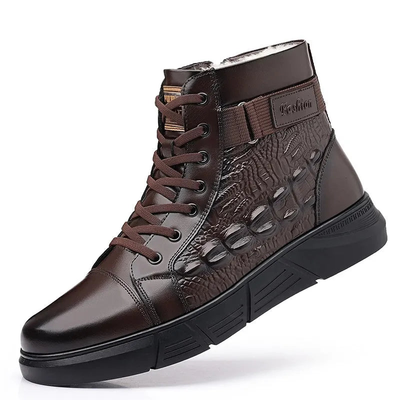 Men's black genuine leather snow boots with rubber soles and front lace-up closure