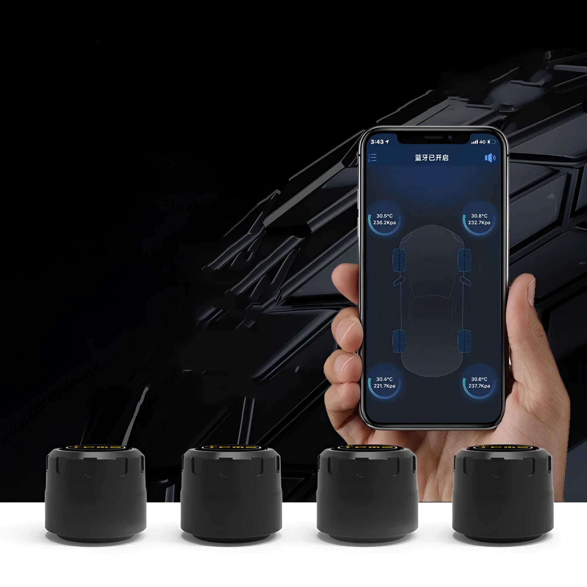 Bluetooth tyre pressure monitor set with four external sensors, wrench, and anti-theft screws