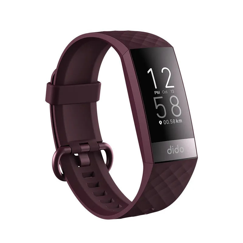 Black smart health monitoring bracelet with a 1.1-inch screen on a wrist strap.