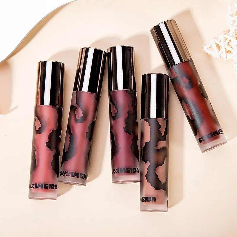 Lava Secret Matte Lip Mud Lipstick in 5 shades showing orange brown coffee, cool grey, cinnamon coffee, jujube red and smoked purple colours