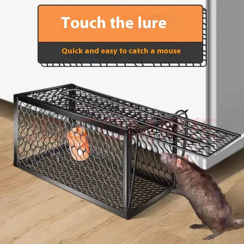 Automatic reusable mouse cage trap for indoor use, shown in small, medium, and large size options.
