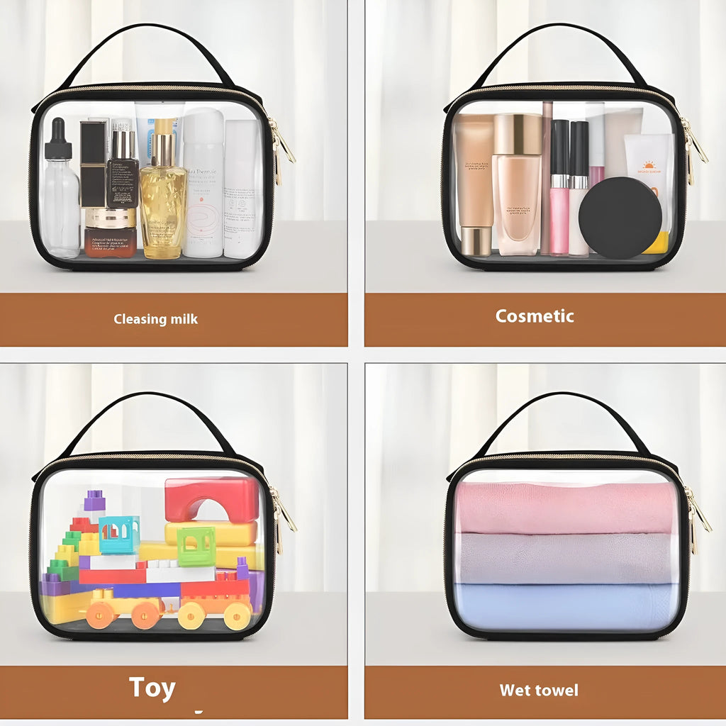 Transparent PVC cosmetic wash bag with detachable chain handle, shown in multiple colour options.