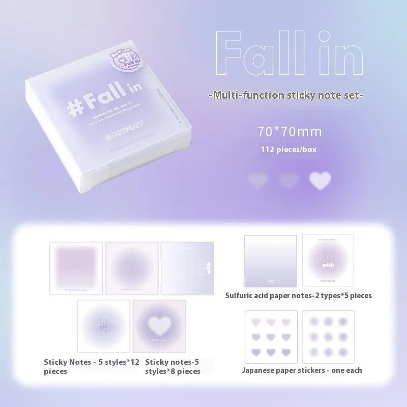 70mm square gradient parchment inner multifunctional notepad in blush, green, purple, or blue with sticky notes, notepaper, and stickers