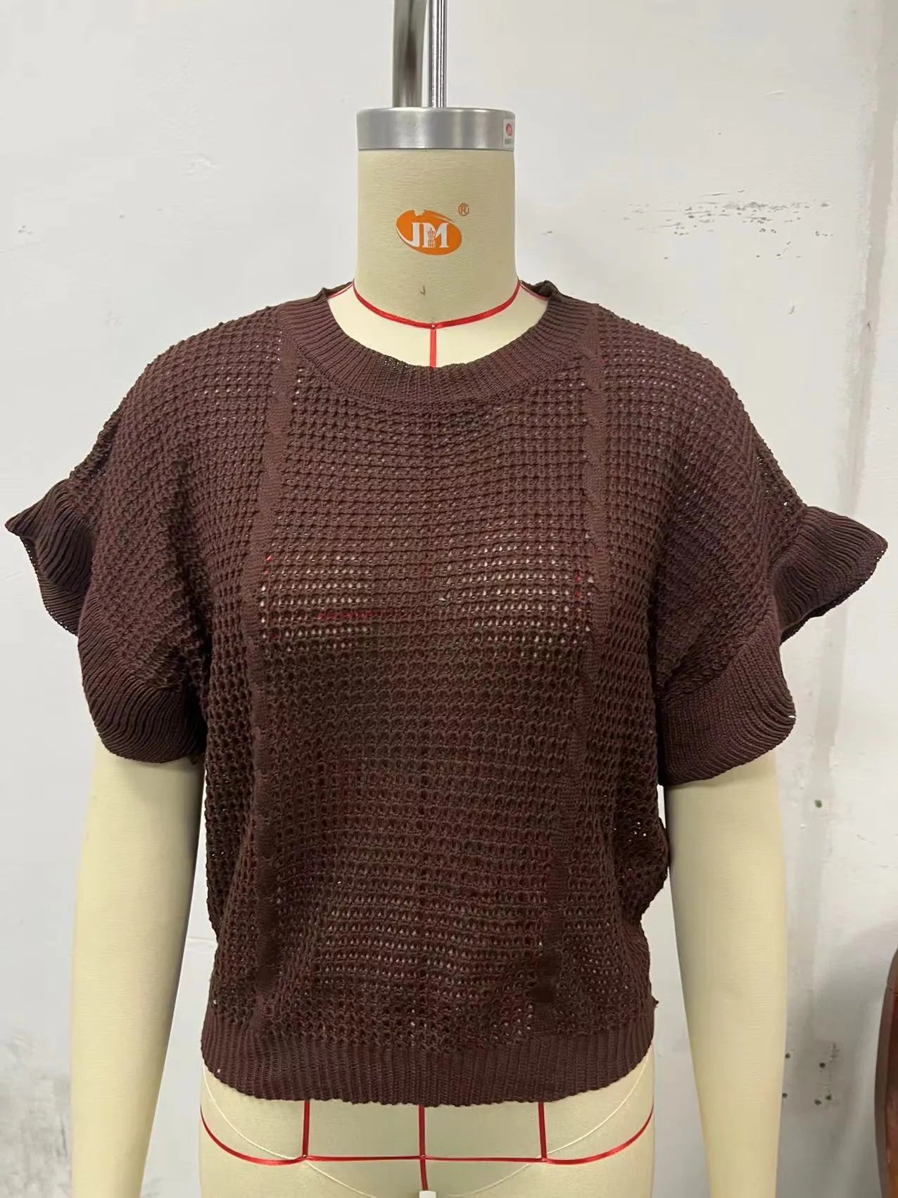 Twisted string ruffle sleeve knitted pullover sweater in loose casual fit