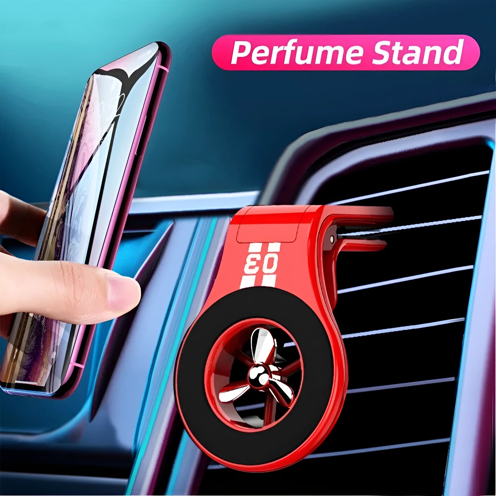 Black magnetic car phone holder attached to a car air vent, holding a smartphone at an angle.