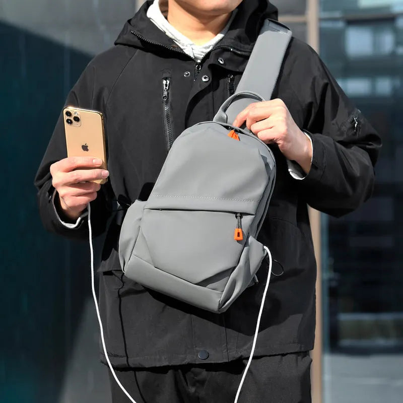 Mens black and grey waterproof polyester crossbody bag with single shoulder strap