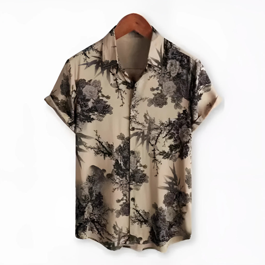 Man wearing a vibrant Hawaiian floral print short sleeve cardigan-style shirt