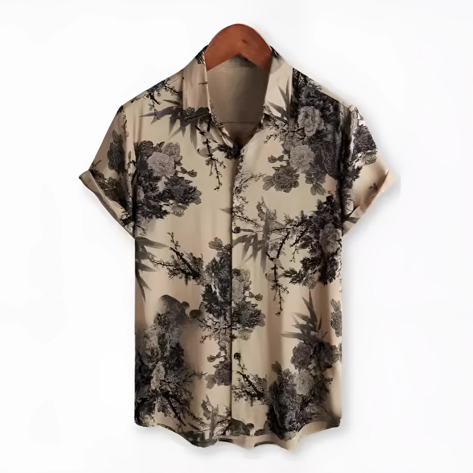 Man wearing a vibrant Hawaiian floral print short sleeve cardigan-style shirt
