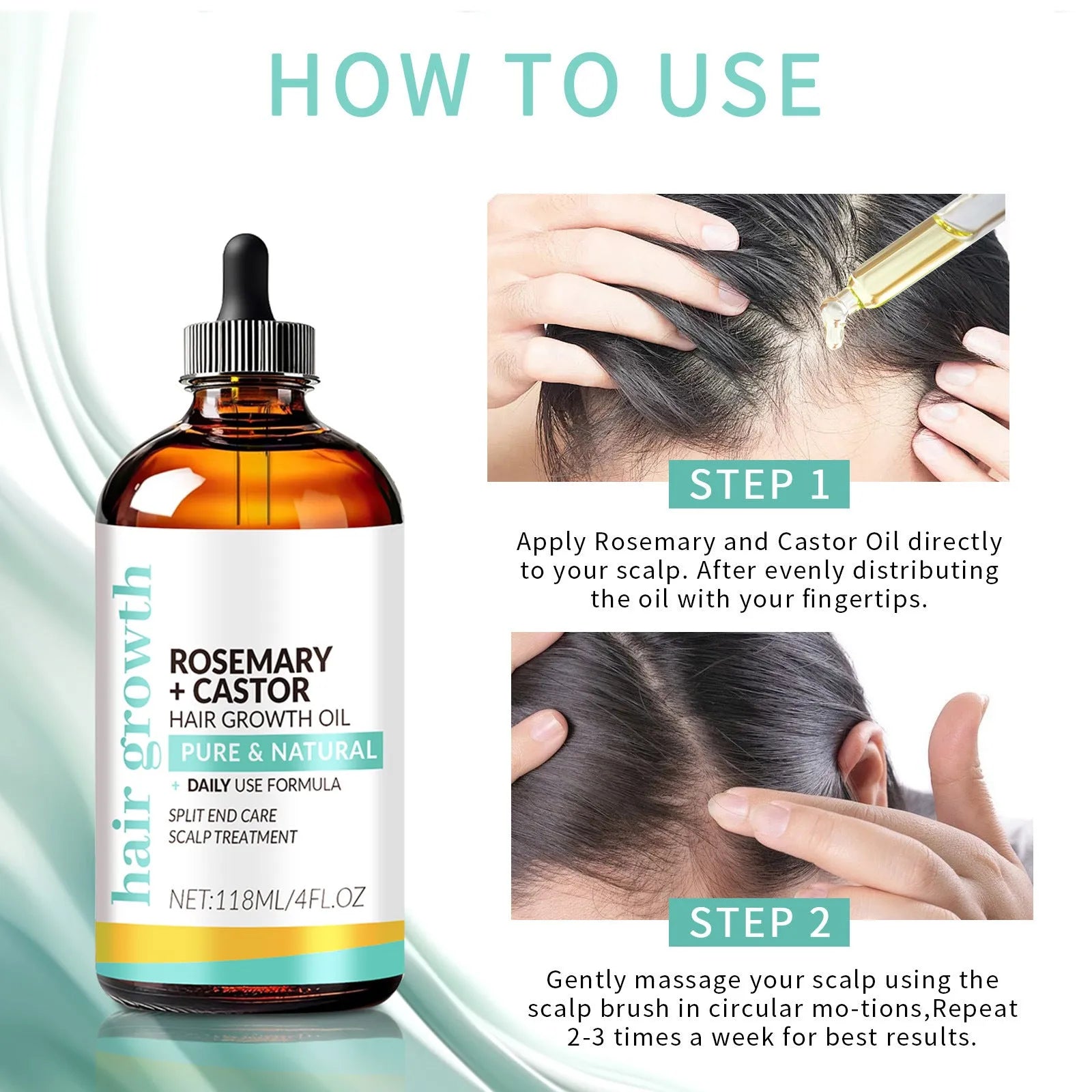 Hair treatment oil bottle with 118ml capacity and attached massage brush applicator