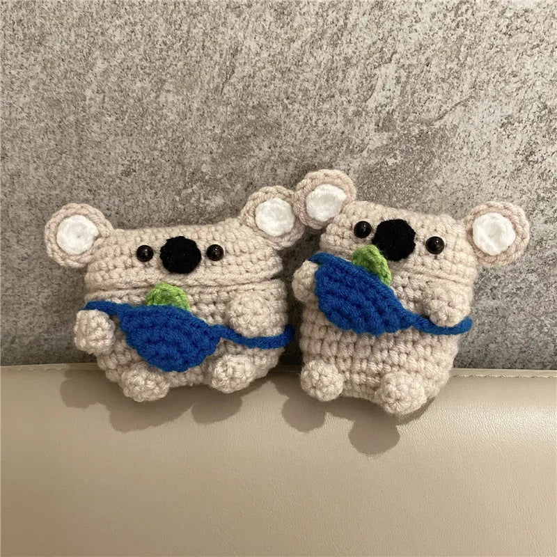 Handmade knitted koala bear backpack design protective case for AirPods charging case.