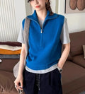 Retro half-zip sleeveless knit vest in solid colour with polyester mesh fabric