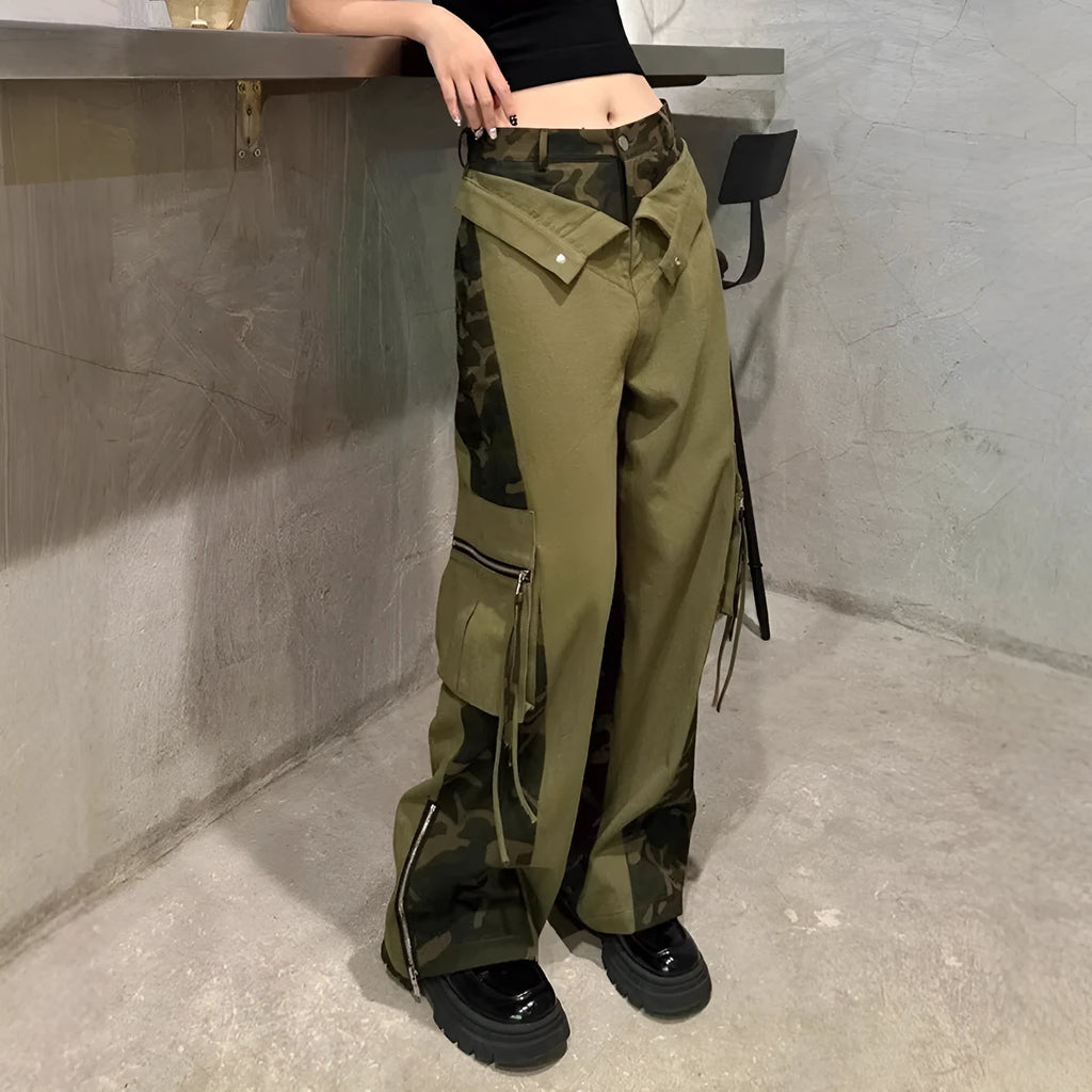 Dark khaki leopard print high waist jeans with straight legs and faux double stitching details