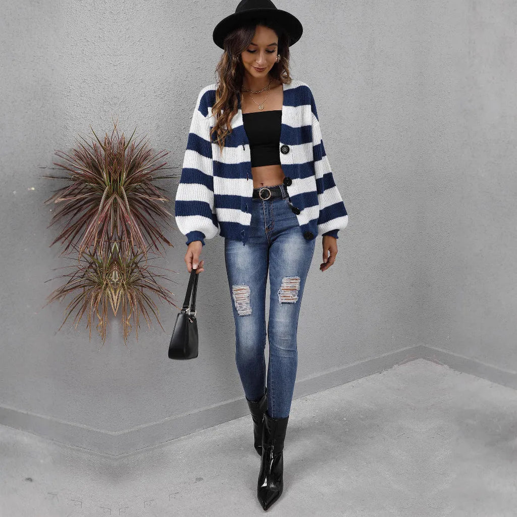 Women's striped cardigan sweater with deer plush fabric in blue, black, brown, or dark green colours
