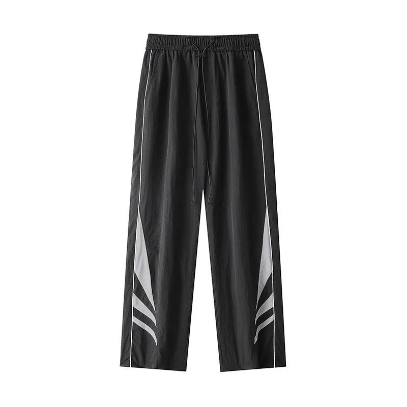Men's straight leg casual sports trousers in black cotton blend fabric with elastic waist