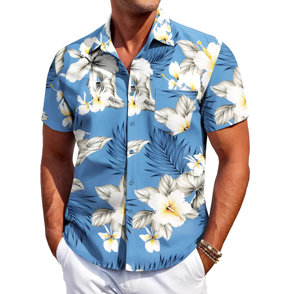 Men's slim fit Hawaiian short sleeve shirt in elastic polyester fabric showing colour options and cardigan style